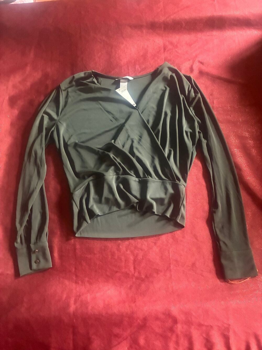 H&M Top Womens S Black Wrap Long Sleeve Button Cuff Draped Ruched Hem Blouse